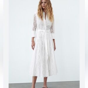 NWT Zara embroidered white dress. Midi length. Size XS